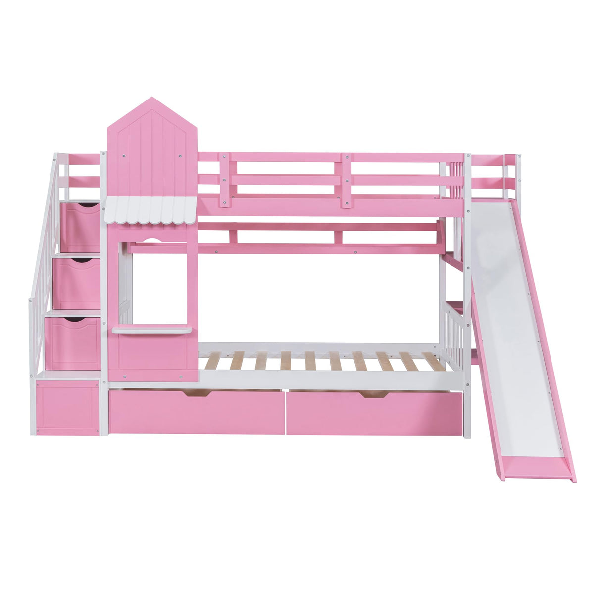 NCKMYB Bunk Bed with Slide Twin Size Castle Bunk Bed with Storage Shelves and Staicase, Tree House Bunk Bed for Boy Girl, Pink NCKMYB