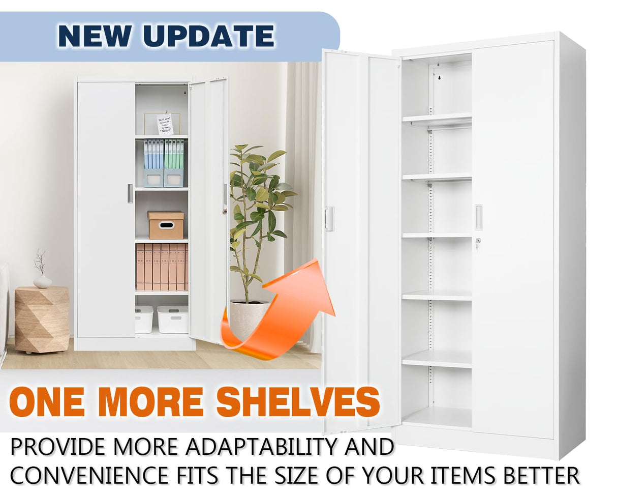 BESFUR Metal Cabinet, Locking Storage Cabinet with 5 Shelves and 2 Doors, Black Garage Cabinet for Office, Classroom, Garage - White BESFUR