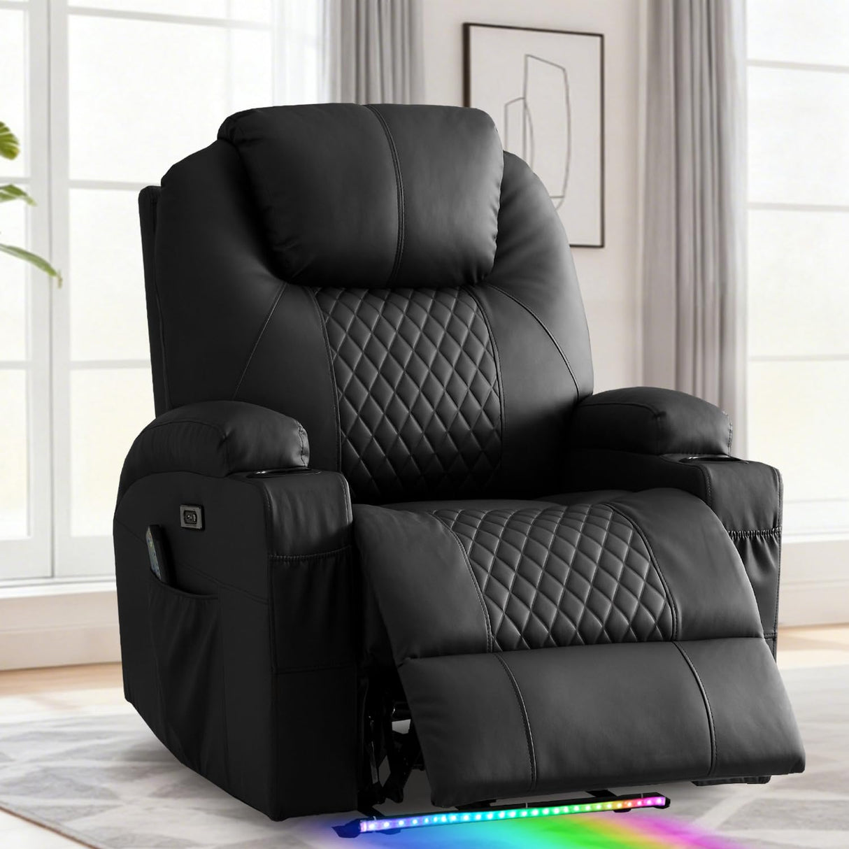 WISHDEER Power Recliner Chair with Heat and Massage for Adults - Home Theater Seating with LED Lights,Cup Holders,Side Pocket,USB Port - Recliner Sofa for Living Room(Black, Single Recliner) WISHDEER