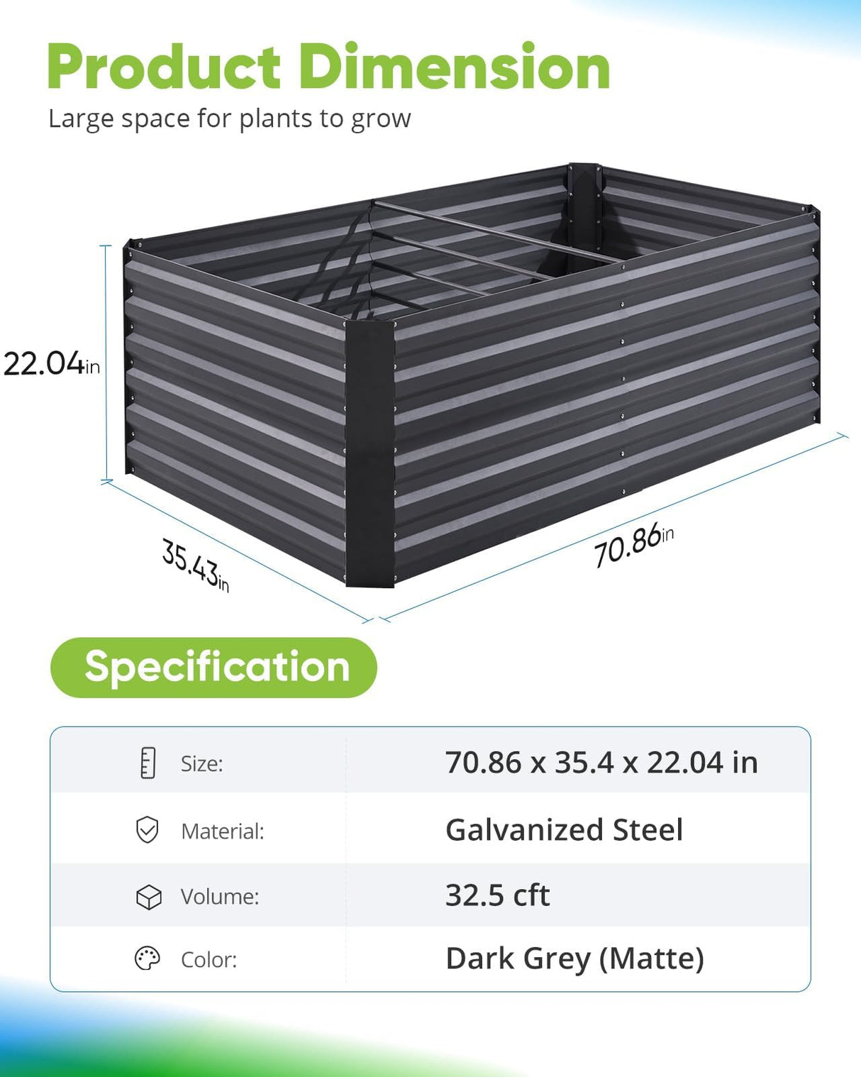 Quictent Galvanized Raised Garden Bed 6x3x2 Ft Metal Planter Box Bottomless for Backyard Outdoor, Include 1 pc Tomato Cage (Dark Gray) Quictent