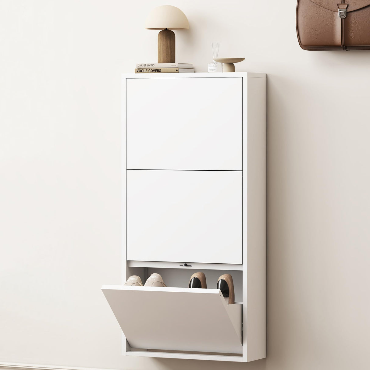 OPTYMIRA Metal Shoe Storage Cabinet with 3 Flip Drawers,White Wall Mount Slim Shoe Organizer for Entryway, Narrow Hidden Shoe Storage Rack for Hallway,Living Room, 40.98”*20”*6.69” OPTYMIRA