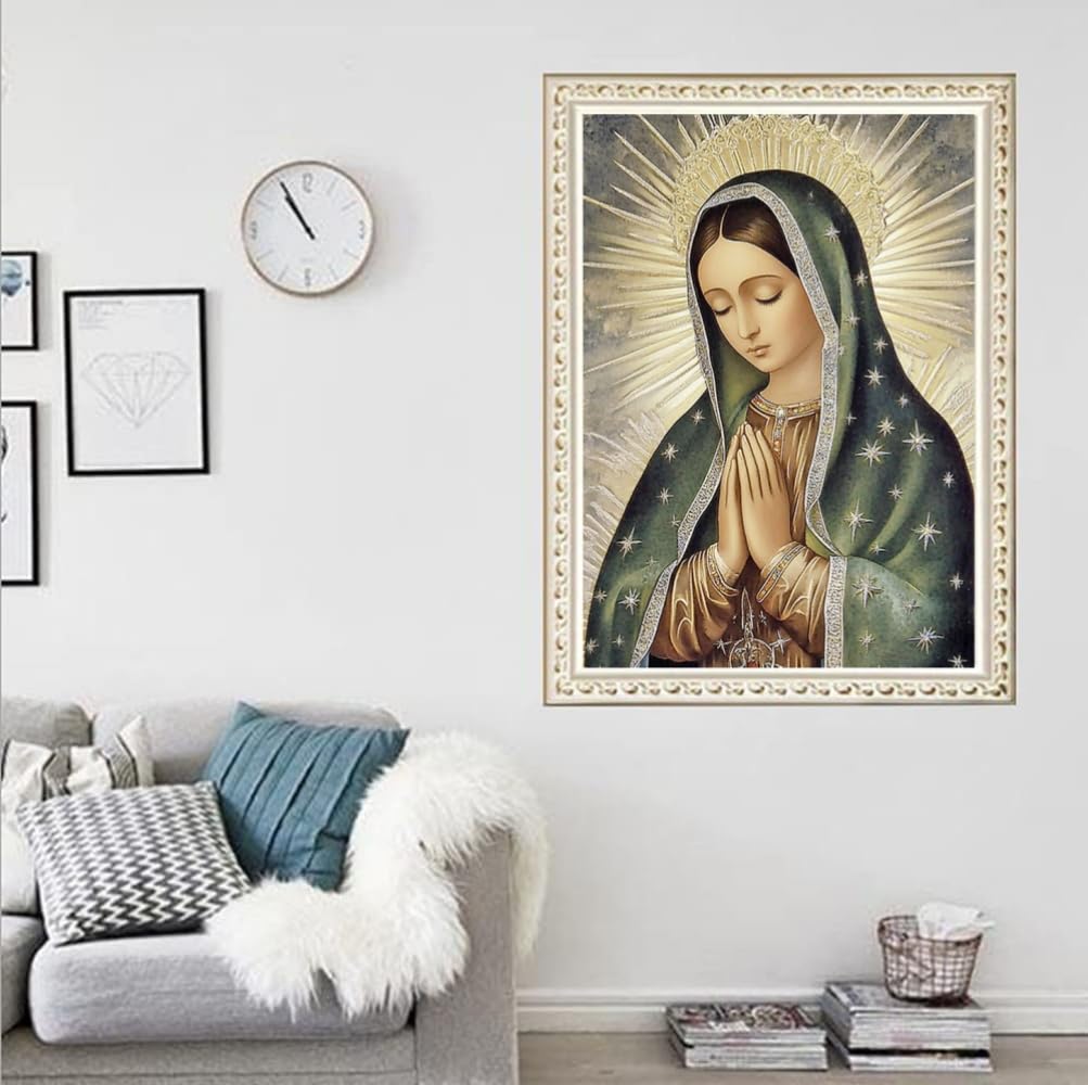 F-CANLAN Round Full Drill Diamond Painting Kit, 5D Pray Virgin Mary Diamond Dots Arts Crafts Set Religious Belief Diamond Painting with Gem for Adult Beginner Virgin Mary Room Decor (12X16 inches) F-CANLAN