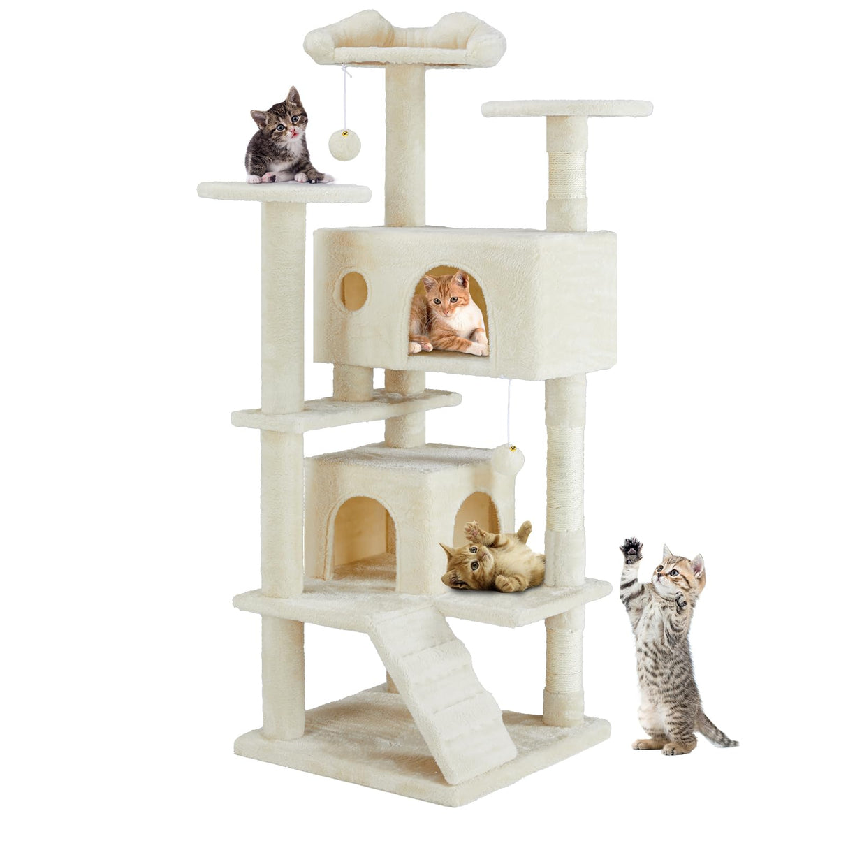54 Inches Cat Tree Tower Condo Furniture, Cat Tower for Indoor Cats, Cozy Hammock and Sisal Scratching Posts, Multi-Level Durable Cat Scratch Post for Kittens Pet House Play, Detachable Toy, Beige Simple Deluxe