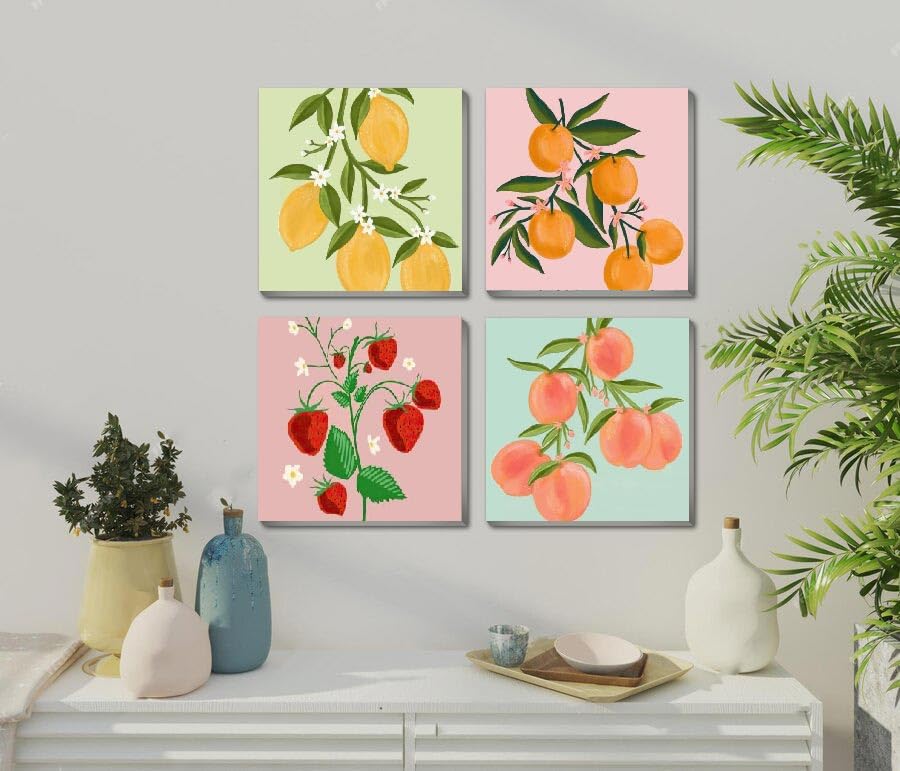 Amzdiyfun 4 Pack Fruits Paint by Numbers Kit, Easy Acrylic Art Number Painting for Beginners, DIY Adults Paint by Numbers Kit on Canvas for Home Wall Decor, 7.8x7.8Inch Amzdiyfun