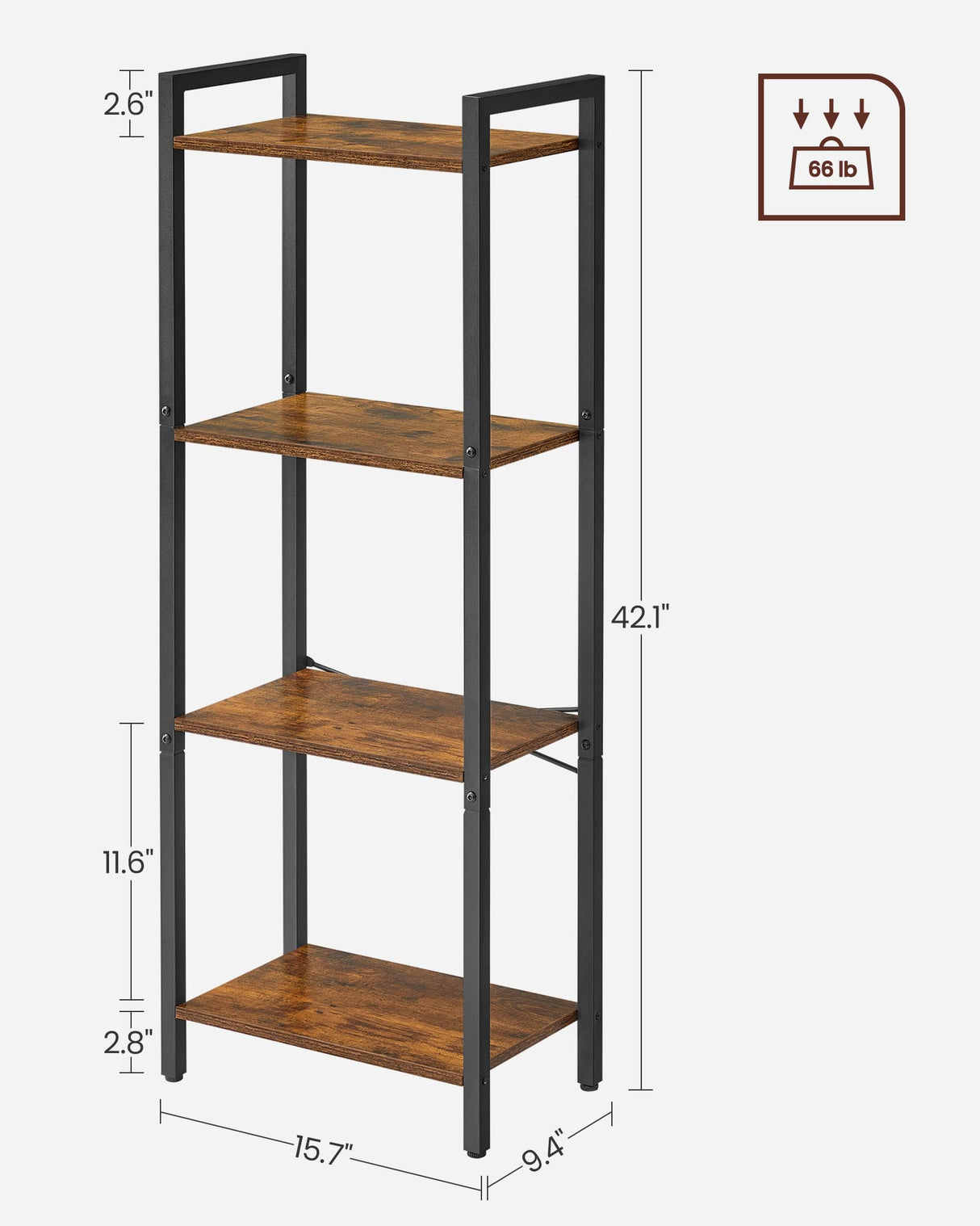 VASAGLE 4-Tier Tall Bookshelf, Bookcase with Steel Frame, Book Shelf for Living Room, Home Office, Study, 9.4 x 15.7 x 42.1 Inches, Industrial Style, Rustic Brown and Black ULLS099B01 VASAGLE
