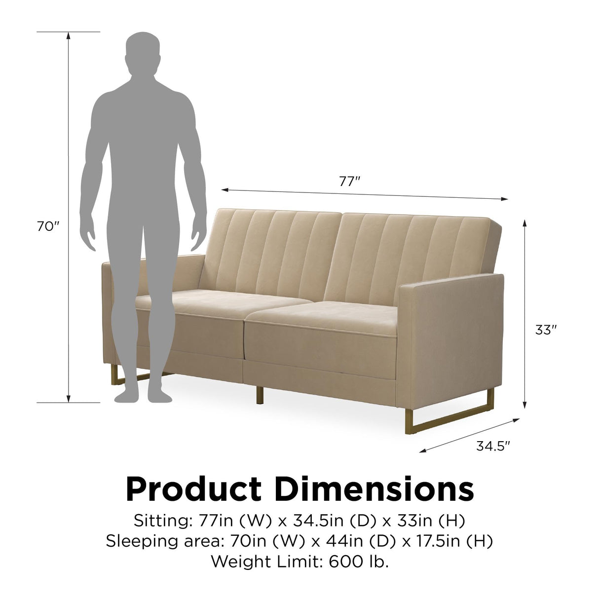 Novogratz Skylar 77 Inch Futon Sofa Bed in Velvet Fabric, Industrial Modern Upholstered Couch Sleeper with Black Metal Legs, Ivory Novogratz