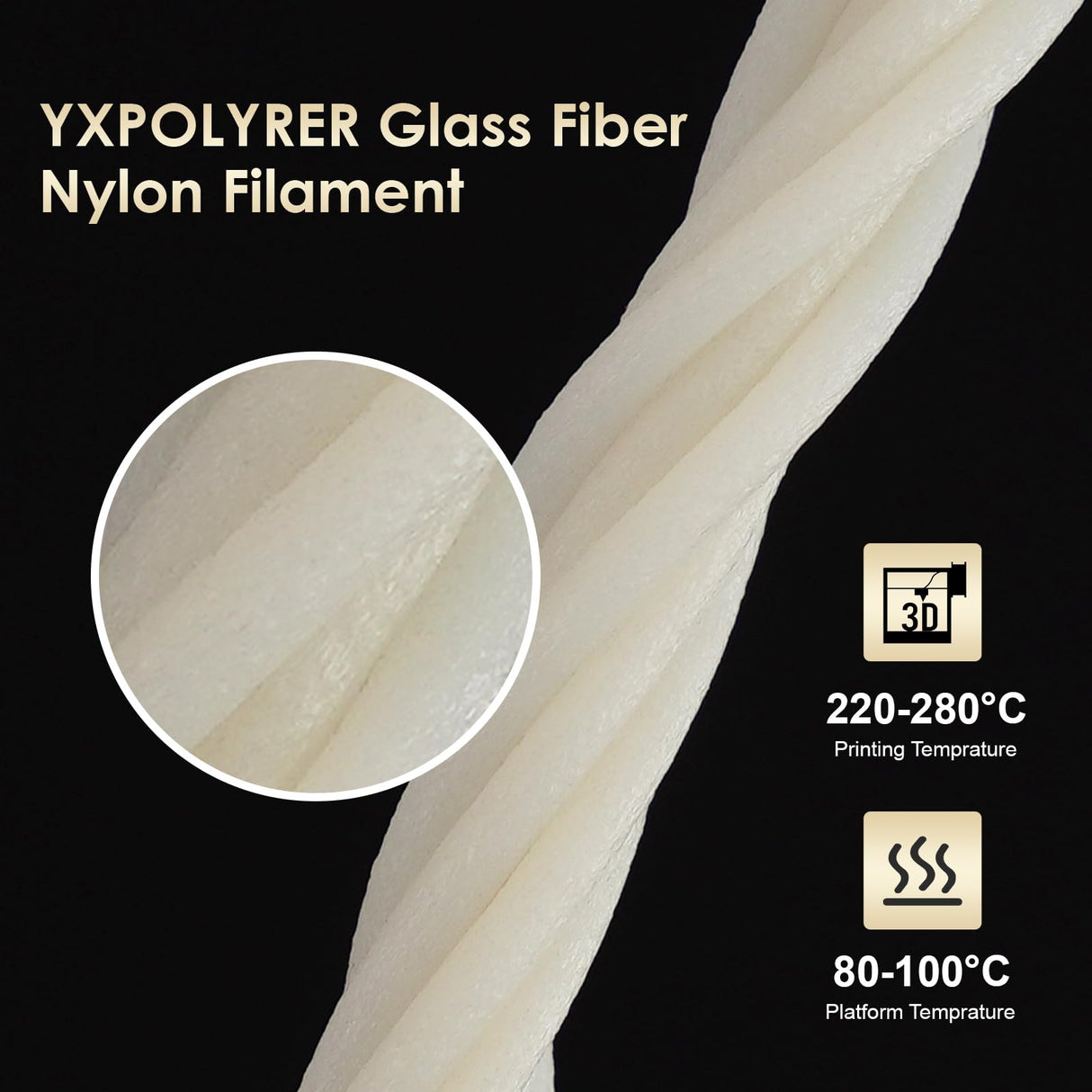 YXPOLYER Nylon Glass Fiber Reinforced Nylon Glass Filled Filament 1.75mm PA6-GF, 50gram Sample yxpolyer