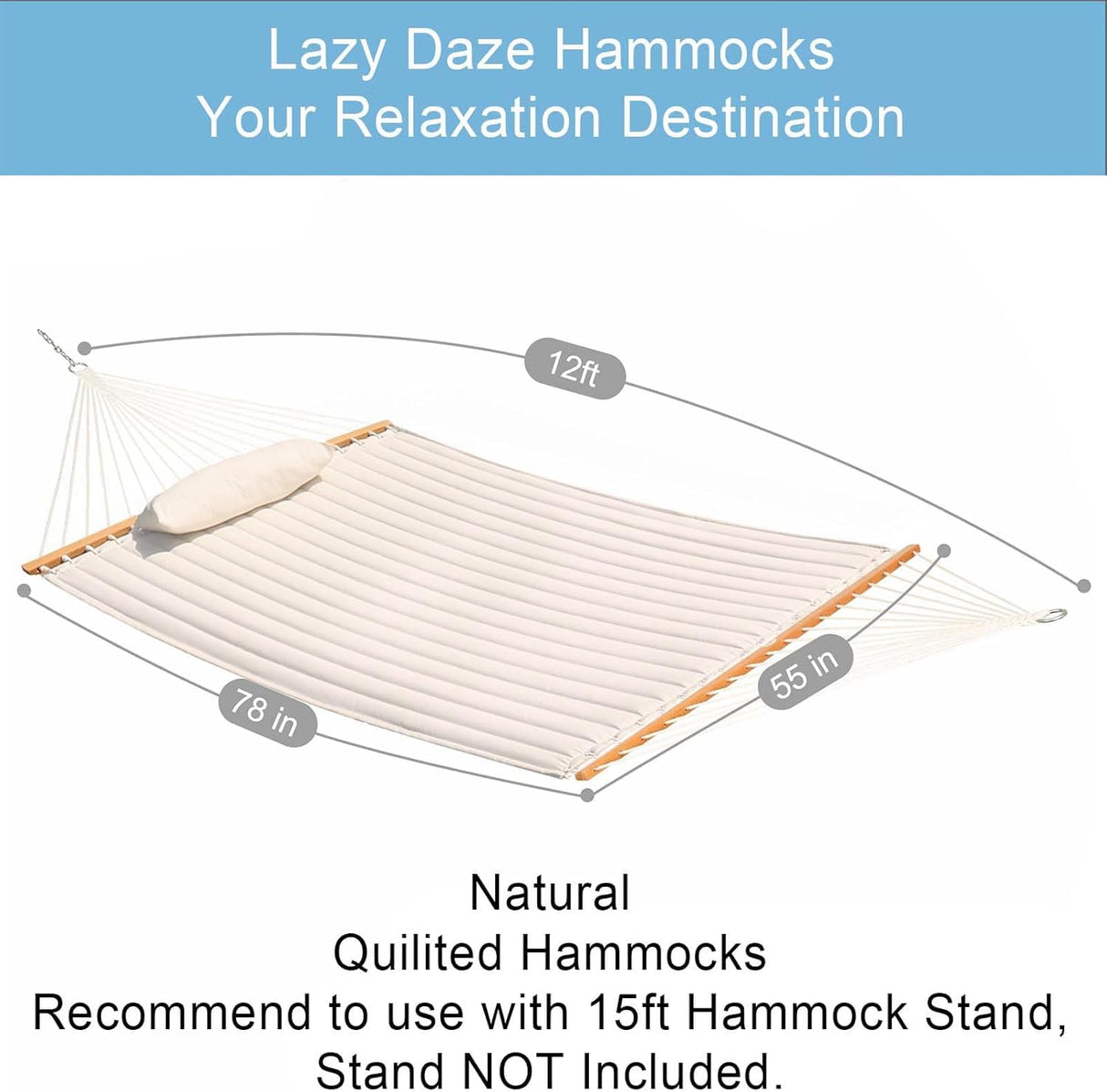 Lazy Daze Hammocks 12 FT Double Quilted Fabric Hammock with Spreader Bars and Detachable Pillow, 2 Person Hammock for Outdoor Patio Backyard Poolside, 450 LBS Weight Capacity, Natural Lazy Daze Hammocks