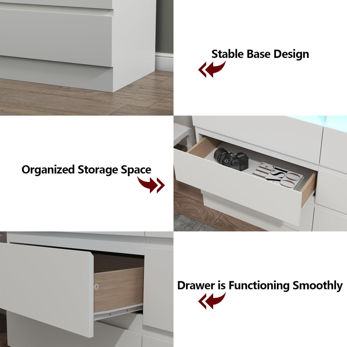 Auromie 9 Drawers Dresser, Double Modern Chest of Drawers with Power Outlet, Dresser TV Stand with Led Light Strip, Drawer Organizer for Bedroom, Living Room, Hallway (White, 9 Drawer) Auromie