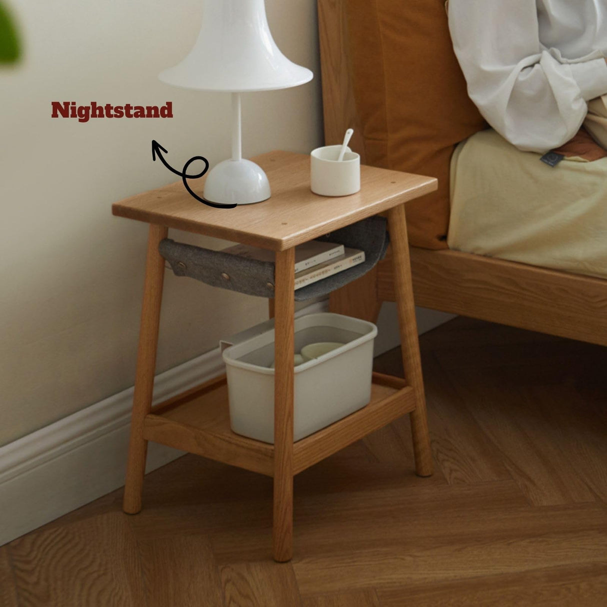 Vadisun Solid Oak Wood Nightstand with Storage Pocket – Modern Classic Side Table for Small Spaces, Log Color Bedside Table Vadisun
