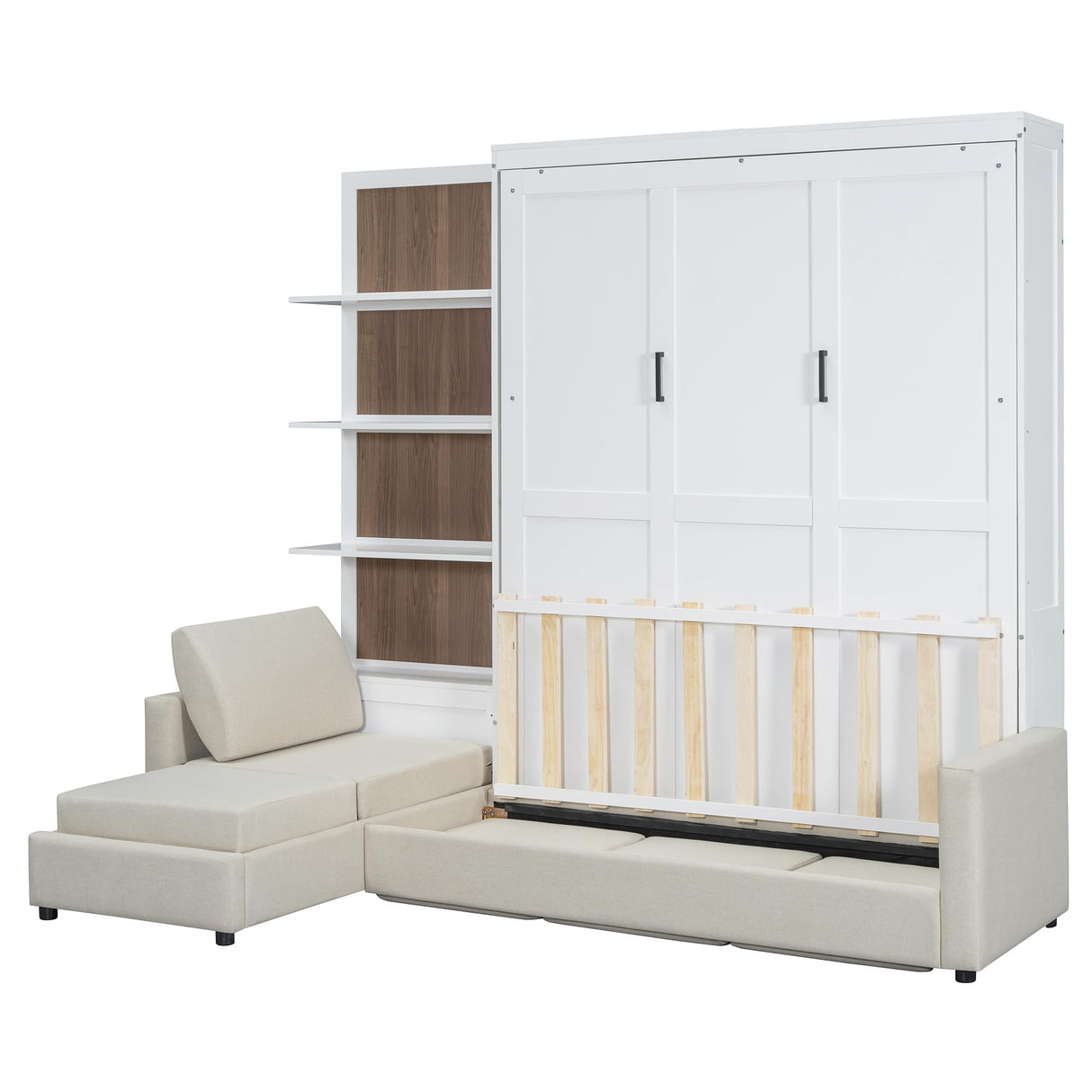 Ball & Cast Murphy Bed Queen Size Wall Chest with Sofa and Shelves,Wood Hideaway Cabinet Platform Bedframe w/Slat Support,can be Folded,Space-Saving,for Small Room,Dorms,White Ball & Cast