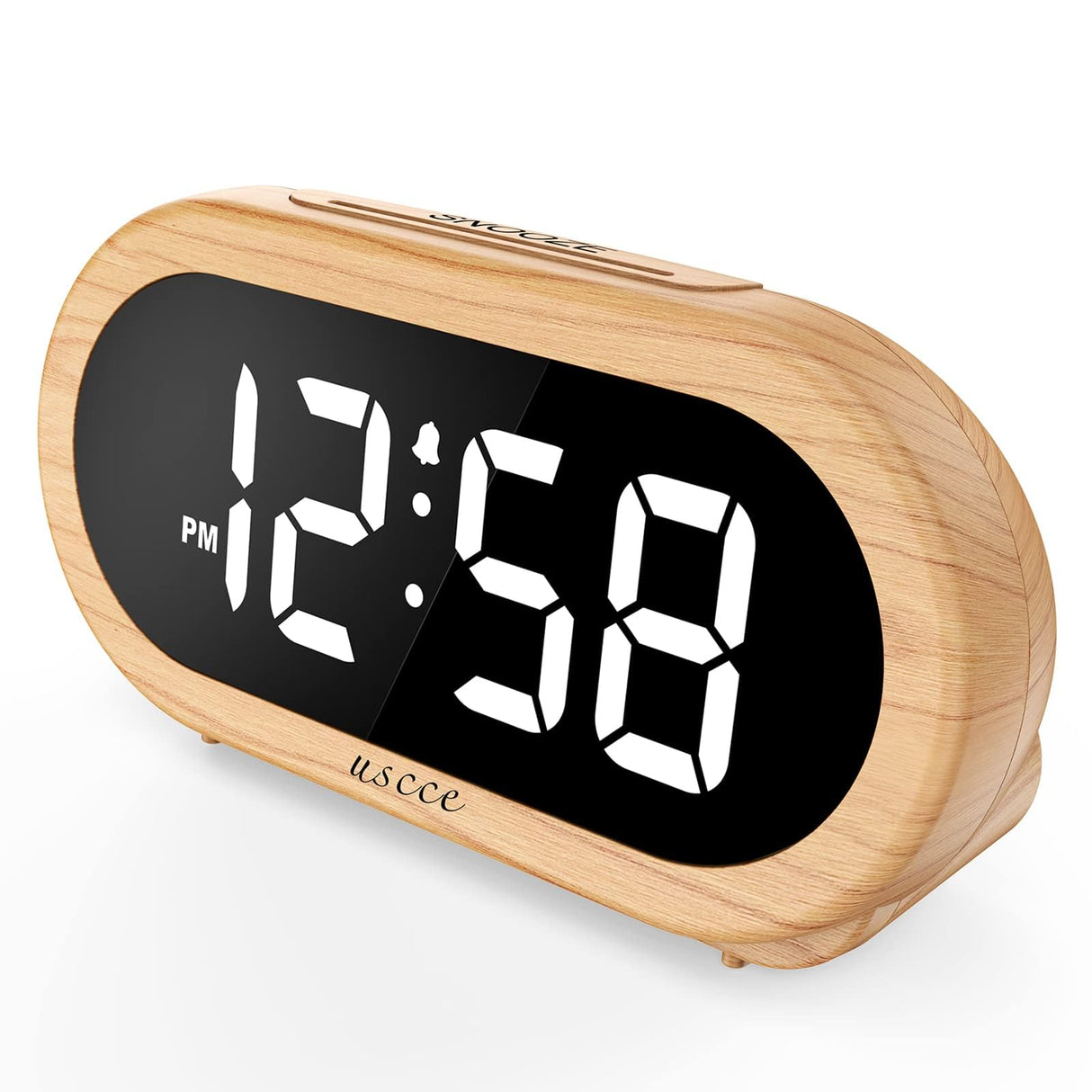 uscce Small Digital Clock for Bedroom: 6 Dimmable Brightness 4 Alarm Volume - Plug in Clock with Easy Operation for Bedside Desk Wood Grain uscce
