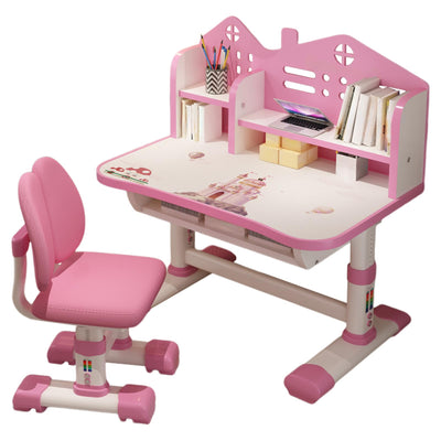 Small Standing Desk and Chair Set - Widened Desktop With Multi Separation Cartoon Pattern, Kids Adjustable Height Study Table With Drawer (Pink)