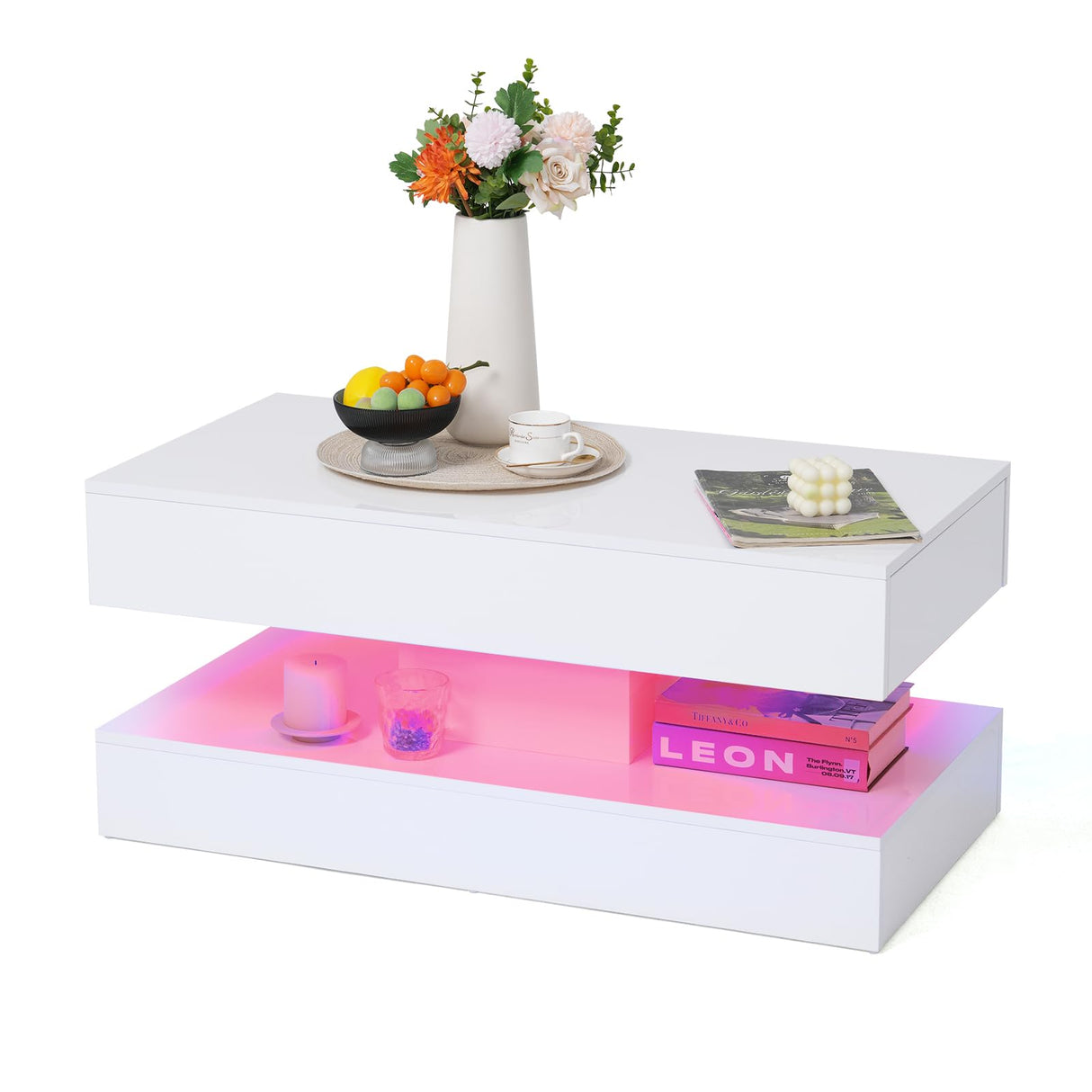 Verano Garden Modern High Gloss LED Coffee Table with Storage, 2-Tier Center Table with Open Display Shelf & 2 Sliding Drawers, Rectangle Coffee Tables for Living Room, Bedroom, White Verano Garden