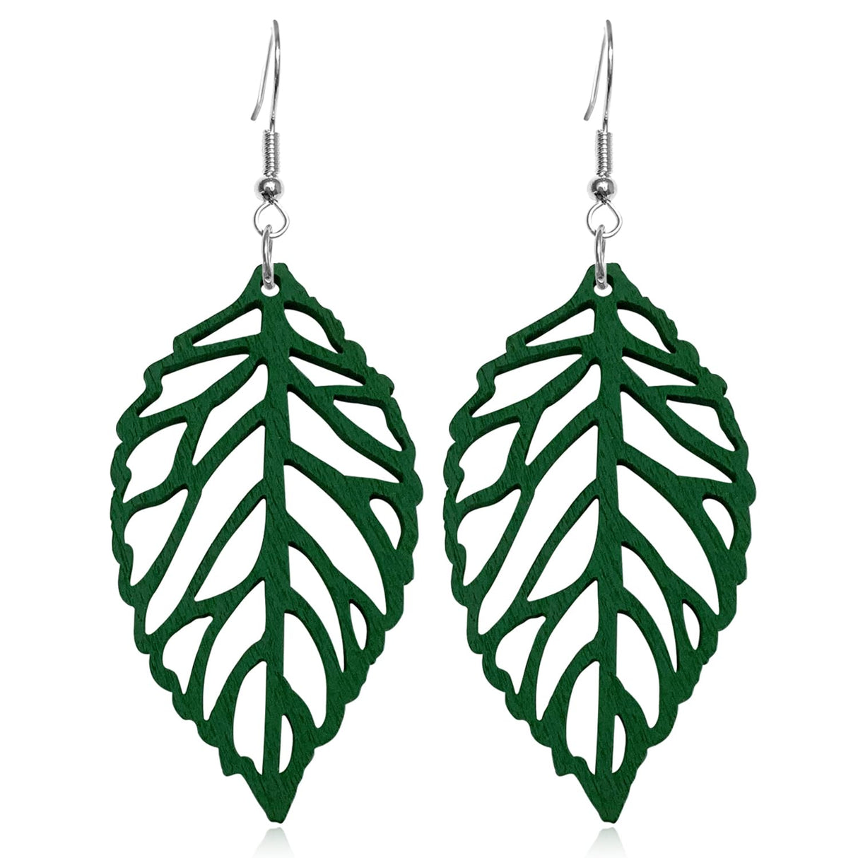 Handmade Bohemian Natural Wooden Leaf Dangle Drop Earrings Lightweight Vintage Hollow Feather Hook Earrings for Women Statement Boho Jewelry Gifts (Dark Green) SLSF
