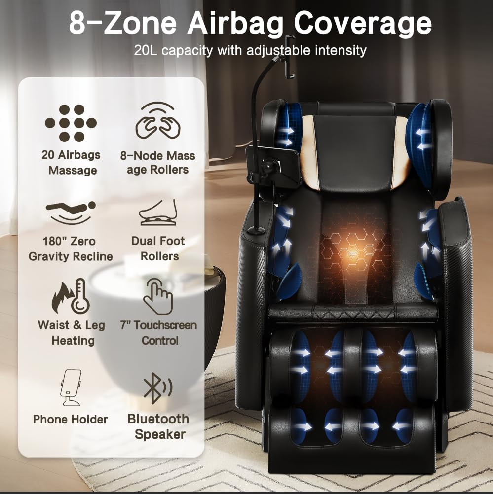 Luxury Full-Body Massage Chair,180ยฐ Zero Gravity Shiatsu Recliner,6 Auto Modes & 24L Pro Airbags,Lumbar & Calf Heating,Foot Roller,Touch Control and Bluetooth Audio,for Home Office Relaxation GOLINYOUBIZ