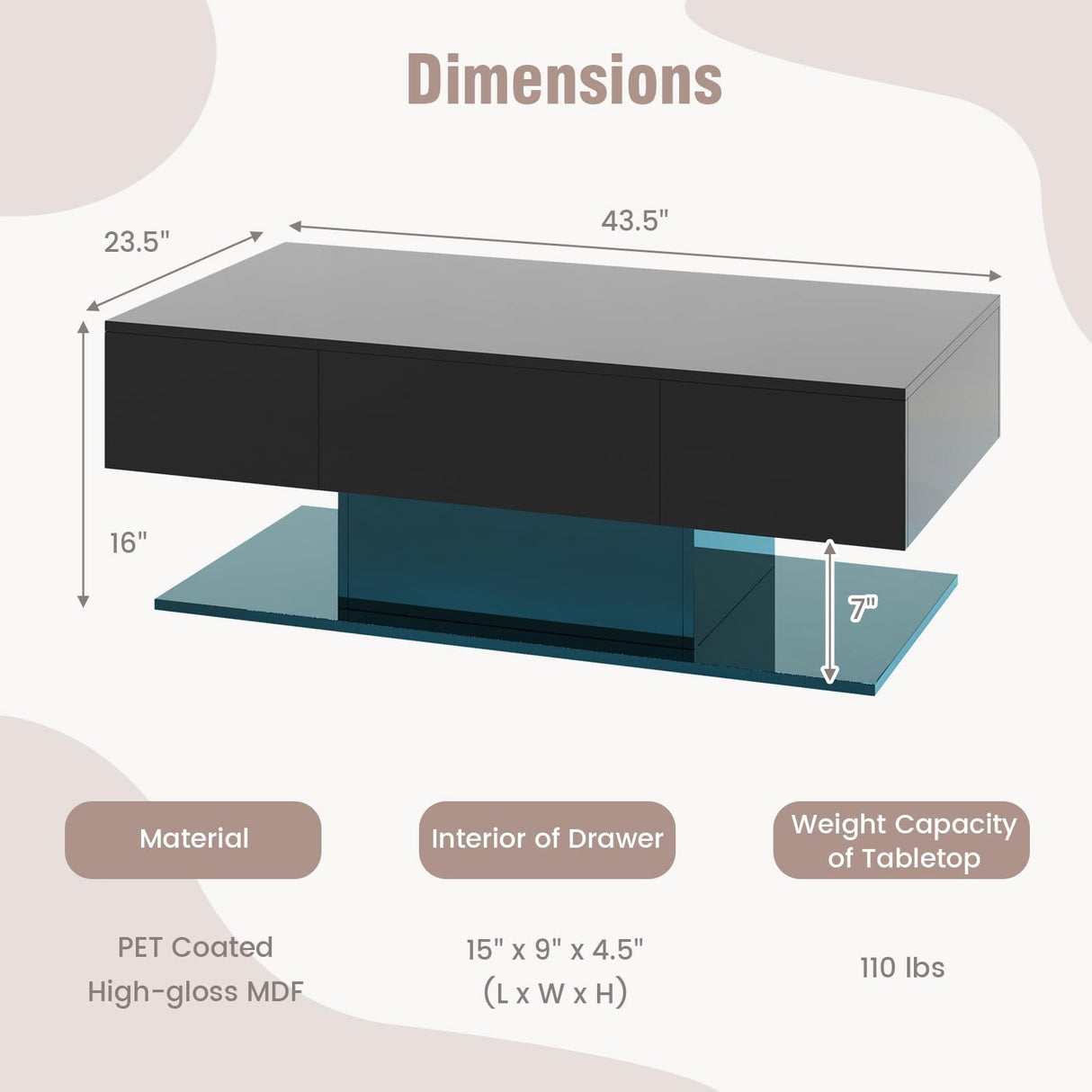 Giantex Modern LED Coffee Table - 2-Tier Center Table w/ 2 Storage Drawers, Adjustable Brightness & Speed, 20-Color Light, 43.5''L Rectangular High-Gloss Finished Table for Living Room (Black) Giantex