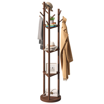 FILWH Bamboo Coat Rack Rotary Freestanding with Shelf Coat Tree Rack Stand for Hallway Entryway Coat Hanger Stand with 9 Hooks 3 Storage Shelves(Brown)