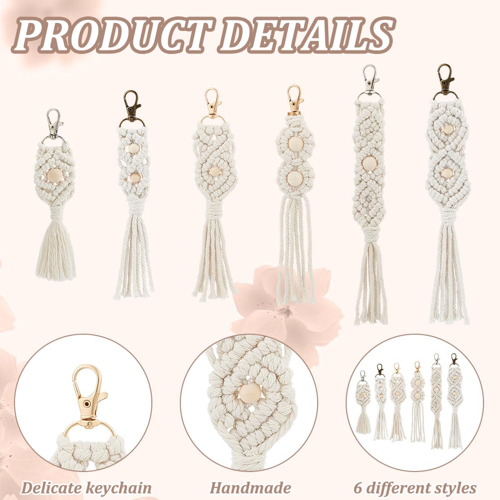 INFUNLY 6PCS Boho White Macrame Keychain Kit Adult DIY Keychain Making Kit Wood Beaded Keychains with Tassel Key Ring for Women for Key Handbags Backpacks Instructions Include INFUNLY