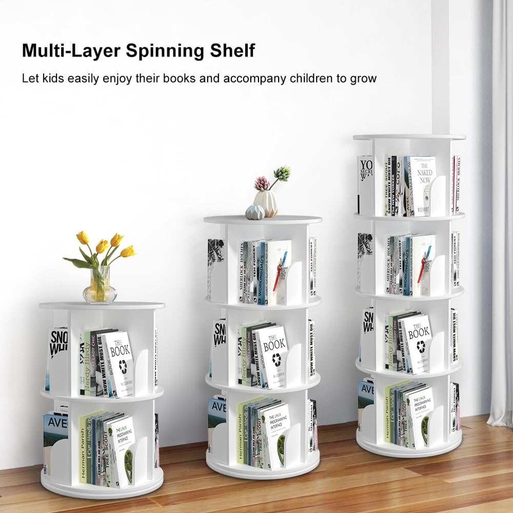 Nidouillet Rotating Bookshelf, Revolving Bookcase 360 Display Round Bookshelf Narrow Swivel Corner Book Shelf Standing Bookcase for Adult Bedroom, Living Room (White, 4 Tier-15.7" W) Nidouillet