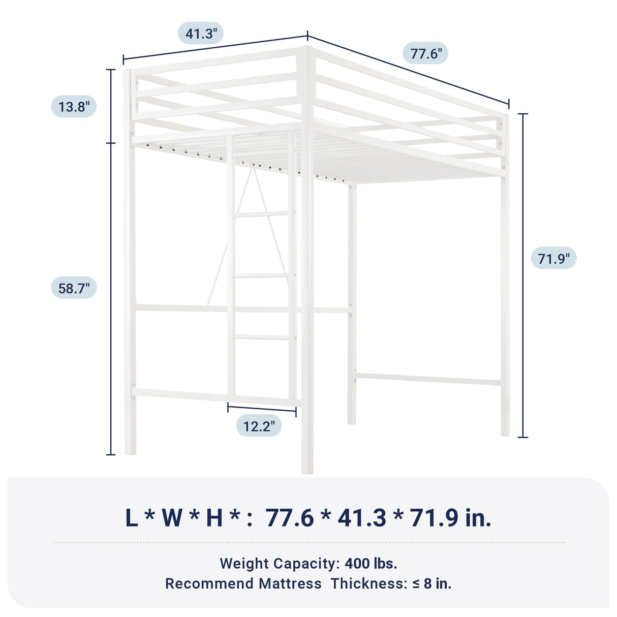 Allewie Metal Loft Bed Twin Size with Guardrail and Ladder, Small Space Saving Design for Bedroom Kid Room and Dorm, No Box Spring Needed, White Allewie
