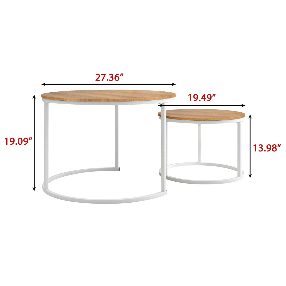 HOJINLINERO Round Coffee Table Set of 2 End Table for Living Room,Stacking Side Tables,Sturdy& Easy Assembly,Wood Look Accent Furniture with Metal Frame,Industrial/Modern Coffee Table White+Teak OAKDK HOJINLINERO