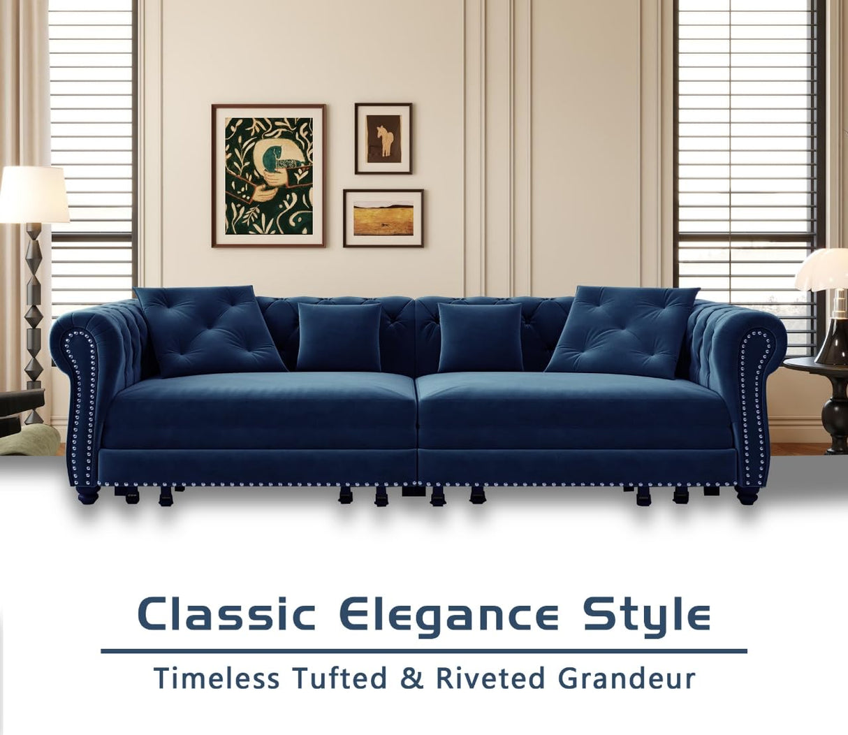 LuxyHoom 89" King Pull Out Sofa Bed, Velvet Chesterfield Sleeper Sofa Couch, 3 in 1 Convertible Tufted Futon Couches with Ottoman for Living Room, Small Space, Apartment, Office, Bedroom, Blue LuxyHoom