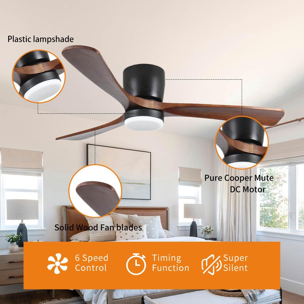 LINJO 42 inch Wood Ceiling Fans with Lights and Remote, Flush Mount Ceiling Fan,Quiet & Reversible DC Motor for Bedroom/Outdoor/Farmhouse/Patios LINJO