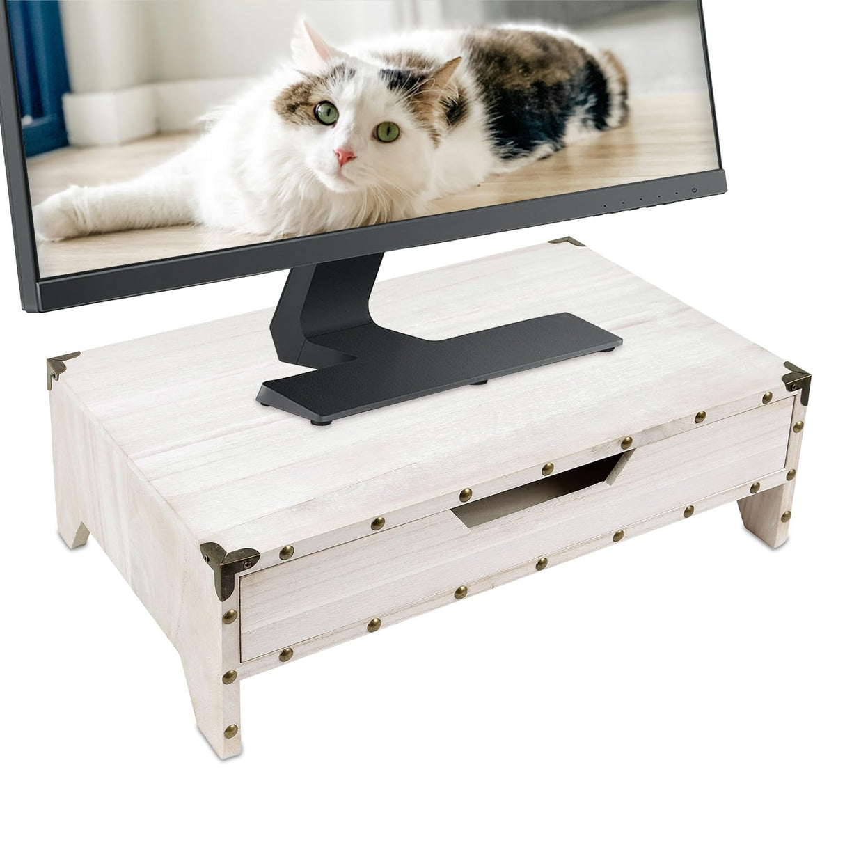 Ikee Design Wooden 2 Tier Monitor Stand with Drawer,Wood Desktop Stands for Laptop ,TV, Computer Riser,Wooden Clutter-Free Desk Stand with Storage Organizer,16 1/2 W x 10 1/4 D x 5 1/8 H in, White Ikee Design