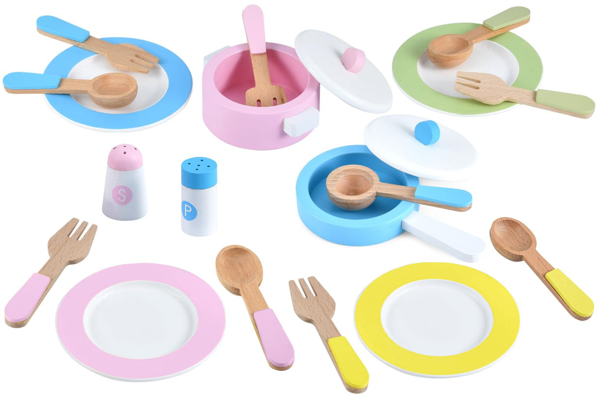 WHOHOLL Wooden Toy Kitchen & Play Dishes Set, Montessori Kitchen Toys for Girls and Boys, Pretend Play Kitchen Accessories Toddler Cooking Toys for Kids Ages 1-5 - Christmas Birthday Gift Sets WHOHOLL