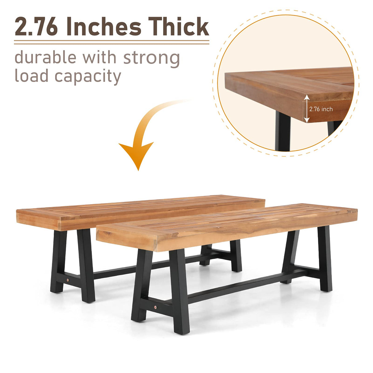 MFSTUDIO Outdoor Patio Bench Set of 2 Acacia Wood 63" Long Rectangular Dining Picni Benches for Backyard, Garden, Lawn, Porch MFSTUDIO