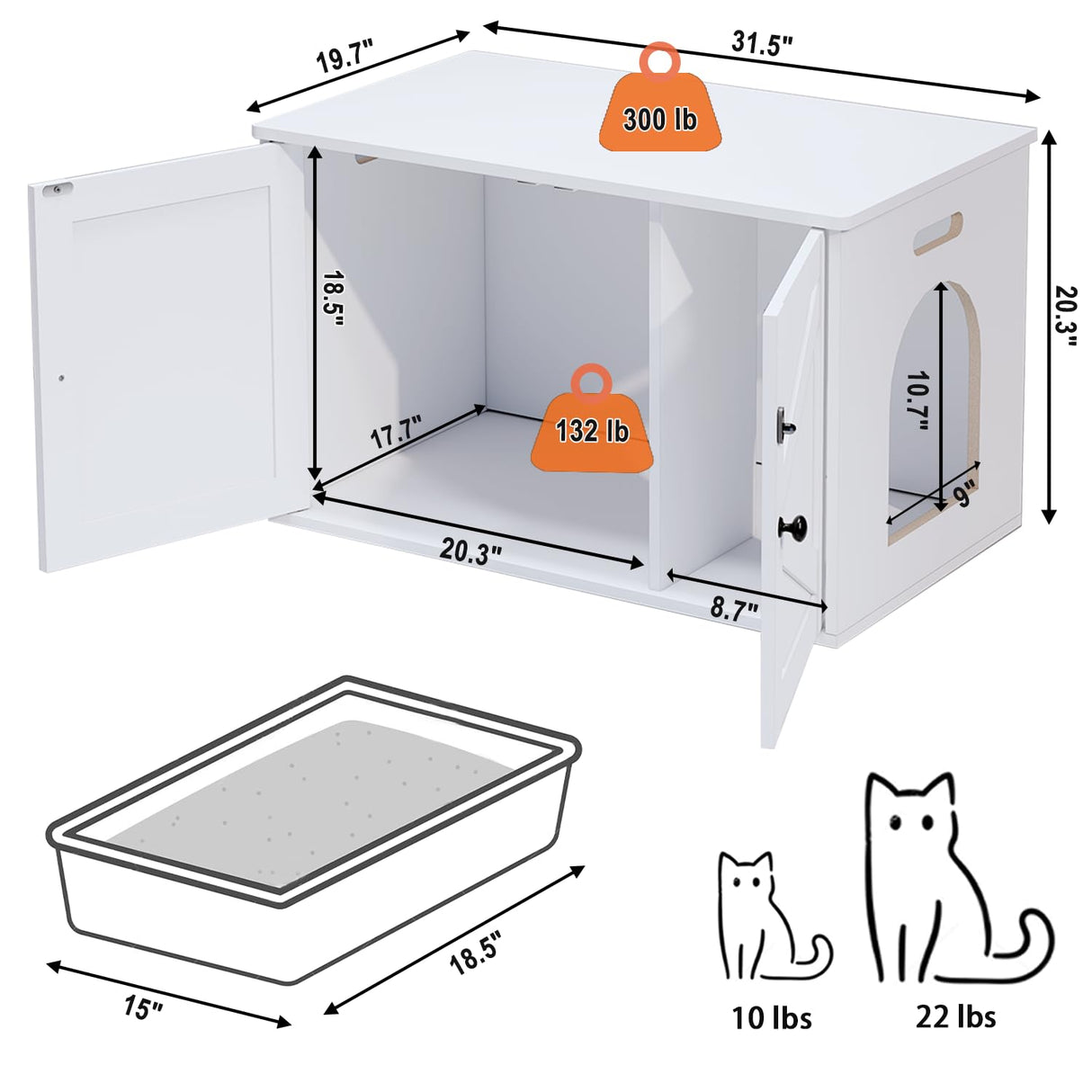 Timberer Cat Litter Box Enclosure, Litter Box Furniture Hidden with Removable Divider, Wooden Cat Washroom Furniture, Indoor Cat House, White Timberer