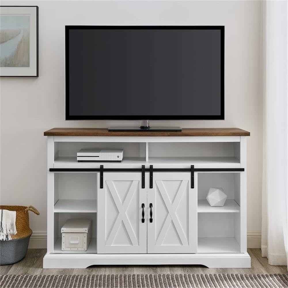 Pemberly Row Farmhouse Sliding Door Wood 52" Highboy TV Stand Console Buffet Credenza Storage Cabinet in White Pemberly Row