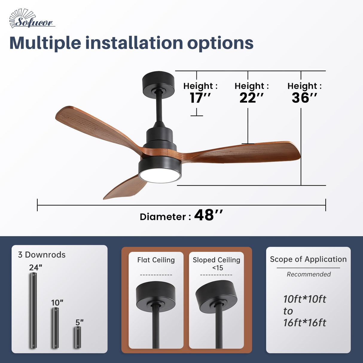 Sofucor 48 Inch Smart Ceiling Fan with Lights and Remote/APP Control, Compatible with Alexa/Google, 3 Blade Brown Black Solid Wood Low Profile Ceiling Fan for Indoor Outdoor Bedroom Farmhouse Patio Sofucor