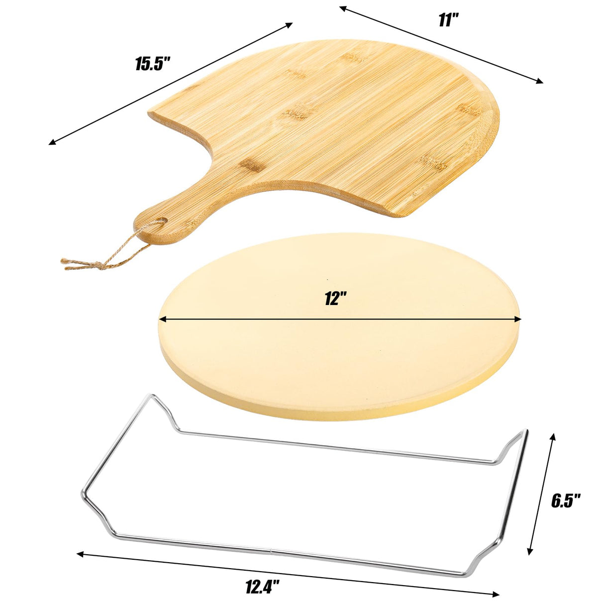 ZENFUN Round Pizza Stone with Wooden Peel and Metal Carry Rack 12 In Cooking Pizza Stone for Oven Baking and BBQ Grilling Round Baking Stone Cordierite Pizza Cooking Pan Free Bamboo Pizza Peel Paddle ZENFUN