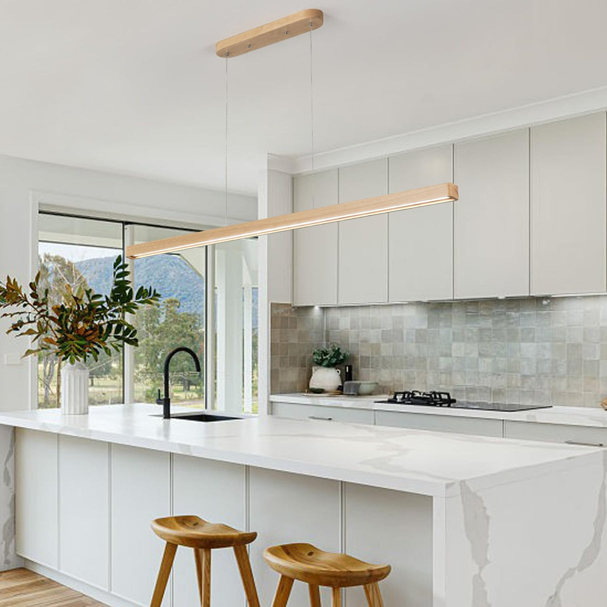 YISDESIGN 59" Natural Wood LED Linear Pendant Light Fixture 40W Led Dining Room Light Dimmable Hanging Light Fixture for Dining Room Kitchen Island Pool Table Lights Natural Wood Color YISDESIGN