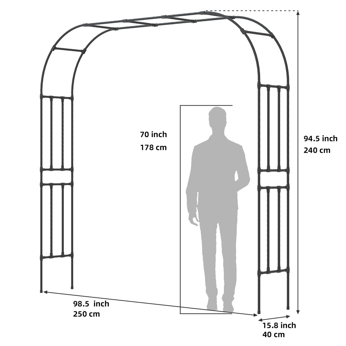 BUKLIYN Garden Arch Trellis - Length: 98.5in, Height: 94.5in Iron Garden Arch Arbor Trellis for Climbing Plants Outdoor - Garden Arch for Lawn, Party, Ceremony Wedding Decoration (Black) BUKLIYN