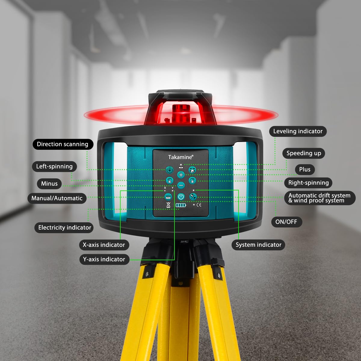 Takamine Rotary Laser Level Kit, Red Beam 635nm Wavelength, 800M Measuring Range, Horizontal/Vertical Self-Leveling, 5 Scan Angle and Rotation Speed Adjustment, Includes Remote Control, Receiver. Takamine