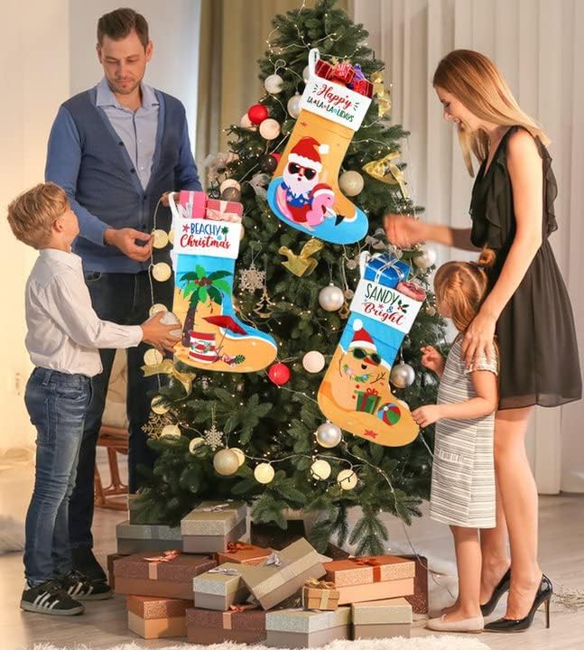 Vansolinne Beach Christmas Stockings 3 Pack 11'' x 17'' Coastal Christmas Decorations Funny Tree Hanging Ornament Bag Fireplace Hanging Soft Large Plush Socks with Santa Flamingo Palms Xmas Gifts Vansolinne
