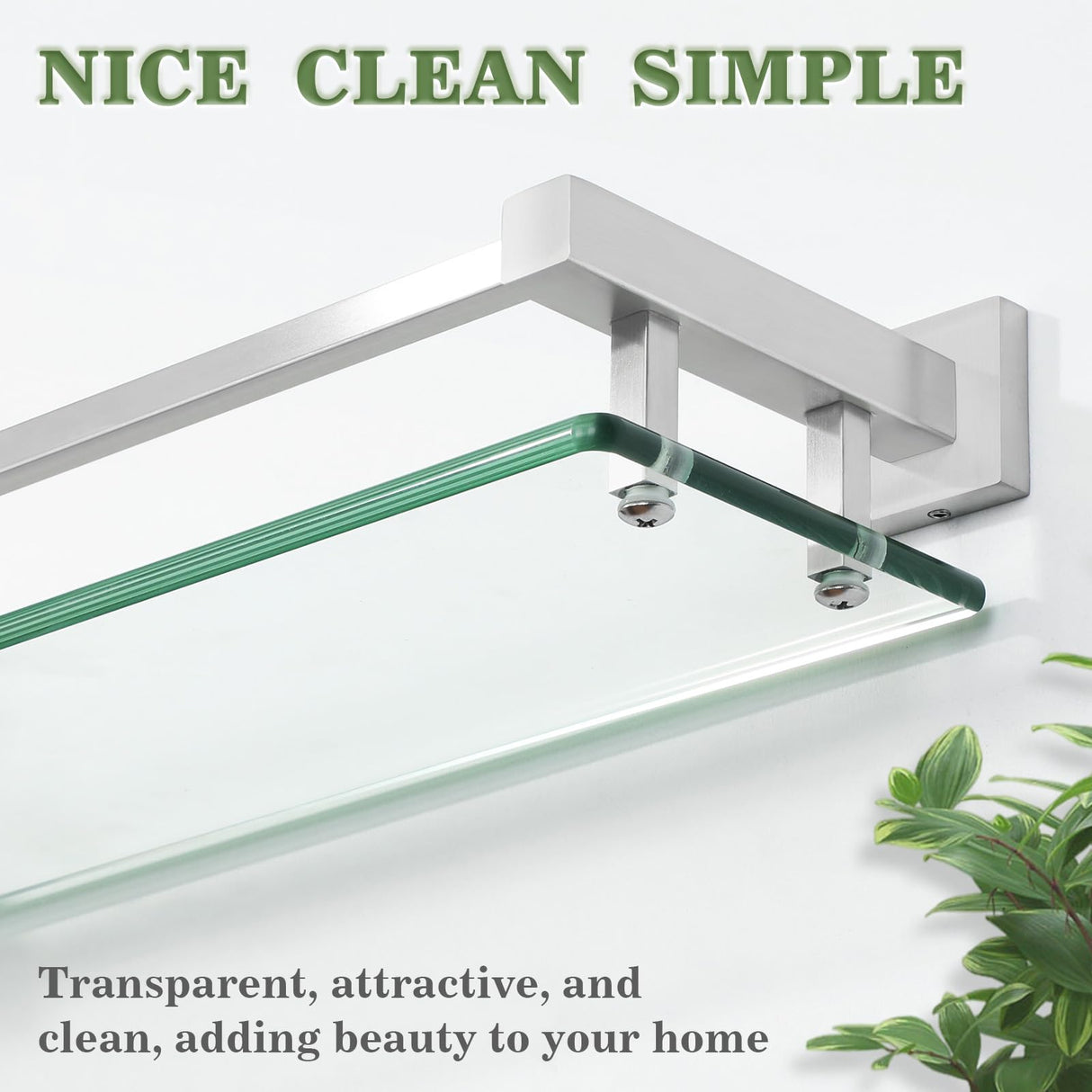 Alise Bathroom Glass Shelf with Stainless Steel Railing, Brushed Nickel Small Tempered Glass Floating Wall Shelf Over The Toilet, 16 inch Alise