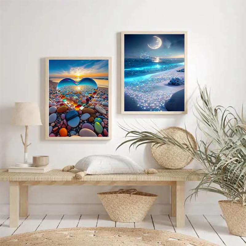 HSENJT 5D Diamond Painting Kits Beach Love for Adults Beginners,Sea Stone DIY Diamond Art,Love Heart Stone Paint with Round Diamonds for Home Wall Decor Gift(30x40cm/11.8X15.7Inch) HSENJT