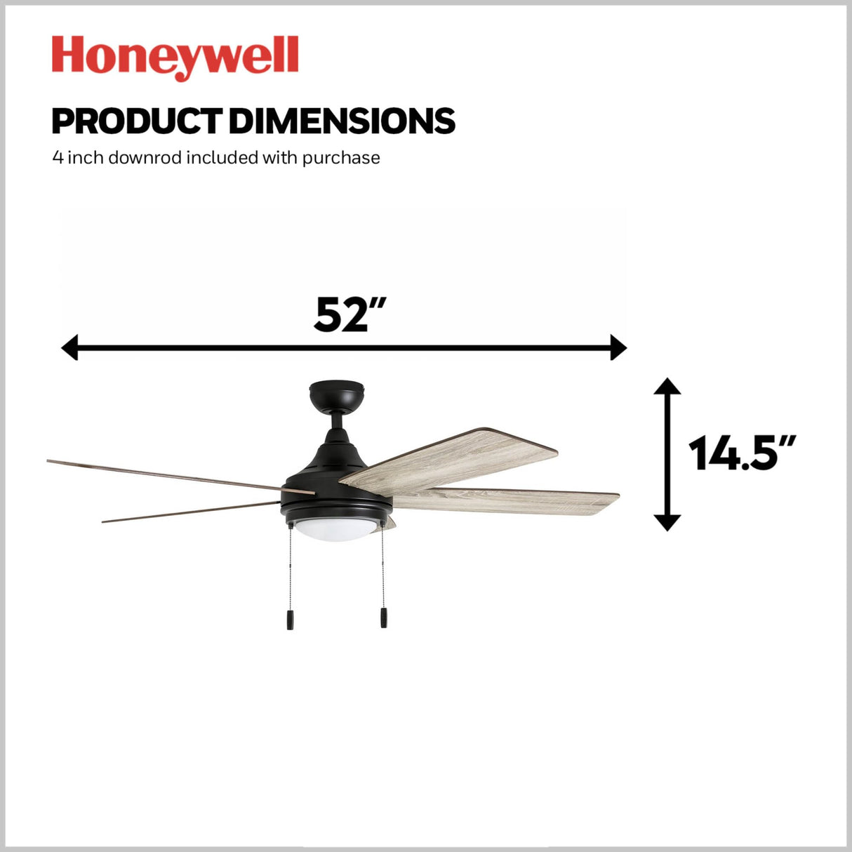 Honeywell Ceiling Fans Ventnor, 52 Inch Modern Farmhouse Indoor LED Ceiling Fan with Light, Pull Chain, Three Mounting Options, Dual Finish Blades, Reversible Motor - 50607-01 (Bronze) Honeywell
