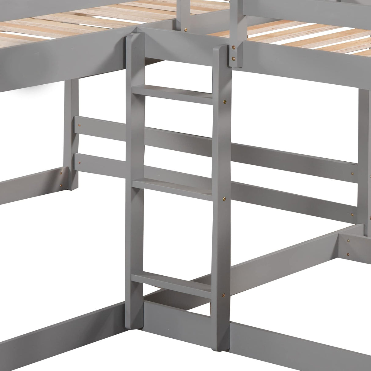 L Shaped Bunk Beds for 4, Wooden Quad Bunk Bed with Slide, Full Over Full Bunk Bed with Twin Over Twin Bunk Bed Attached for Kids Girls Boys, Gray Bellemave