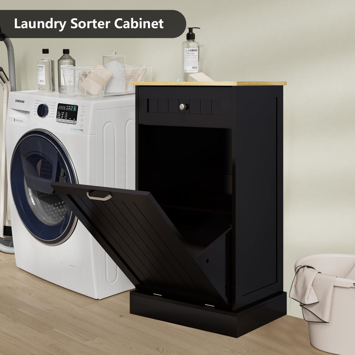 Bocarali Tilt Out Trash Cabinet, 10 Gallon Freestanding Wooden Kitchen Trash Recycling Sorter Cabinet with 2 Drawer, Tilt Out Trash Can Bin Garbage Laundry Cabinet for Living Room, Black Bocarali