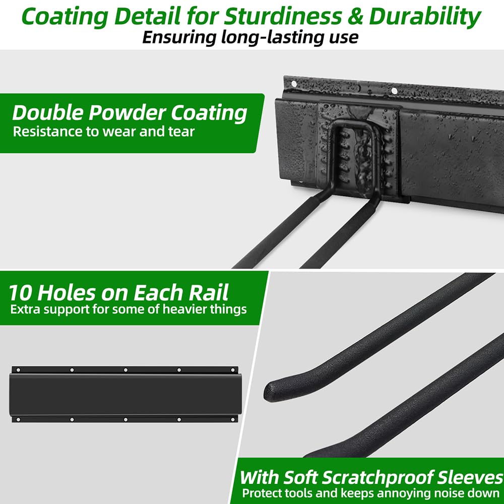 PIYILO Garage Organization, Garage Wall Organizer with 48 inches Rails and 6 Hooks, Tool Organizers Heavy Duty, Shovel Holder Wall Mount Max Load 360 LBS, Sturdy Garden Tool Rack for Folding Chairs PIYILO