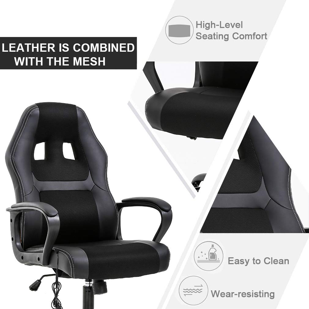 BestOffice PC Gaming Chair Massage Office Chair Ergonomic Desk Chair Adjustable PU Leather Racing Chair with Lumbar Support Headrest Armrest Task Rolling Swivel Computer Chair for Women Adults(Black) BestOffice