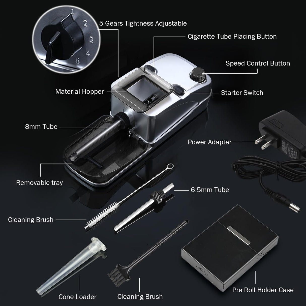 Laicengo Electric Cones Rolling Machine, Pre Roll Machine, Automatic Cigarette Rolling Machine with Pre-roll Cone Holder Case, 3 in 1 for Pre Roll Cones and Cigarettes 6.5 mm & 8 mm Tube Laicengo