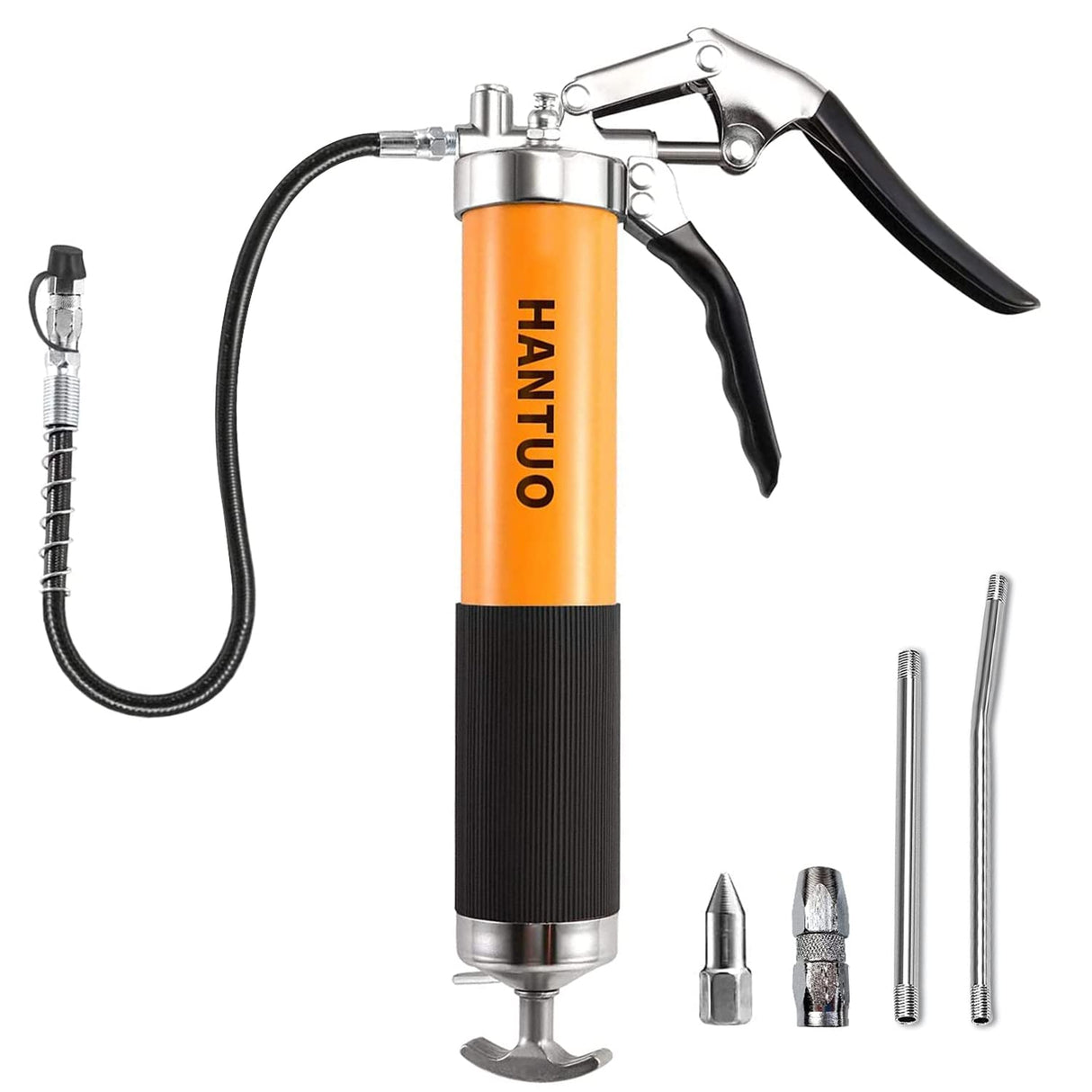HANTUO Grease Gun, 8000 PSI Heavy Duty Pistol Grip Grease Gun Kit with 14 oz Load, 18 Inch Spring Flex Hose, 2 Grease Couplers, 2 Extension Rigid Pipes and 1 Sharp Type Nozzle, Suit for Zerk Fittings HANTUO