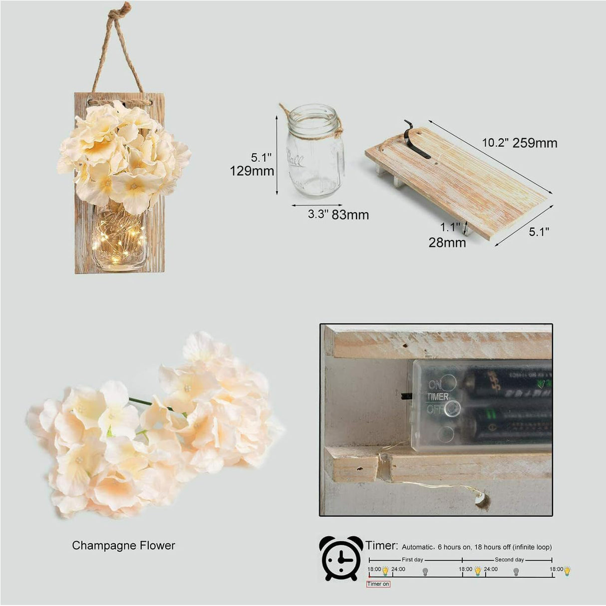 Rustic Mason Jar Wall Decor Sconces with LED Fairy Lights -Battery Cordless Wall Sconces, Farmhouse Wall Decor with Silk Flowers, Perfect for Bedroom, Kitchen, Bathroom, and Home Decor (Set of 2) Muasdae