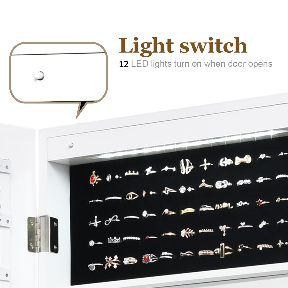 Giantex LED Jewelry Cabinet Wall Mounted Door Hanging, Lockable Jewelry Armoire with 47.2'' Full Length Mirror, Foldable Makeup Tray, Lipstick Brush Holders, Jewelry Storage Organizer (White) Giantex